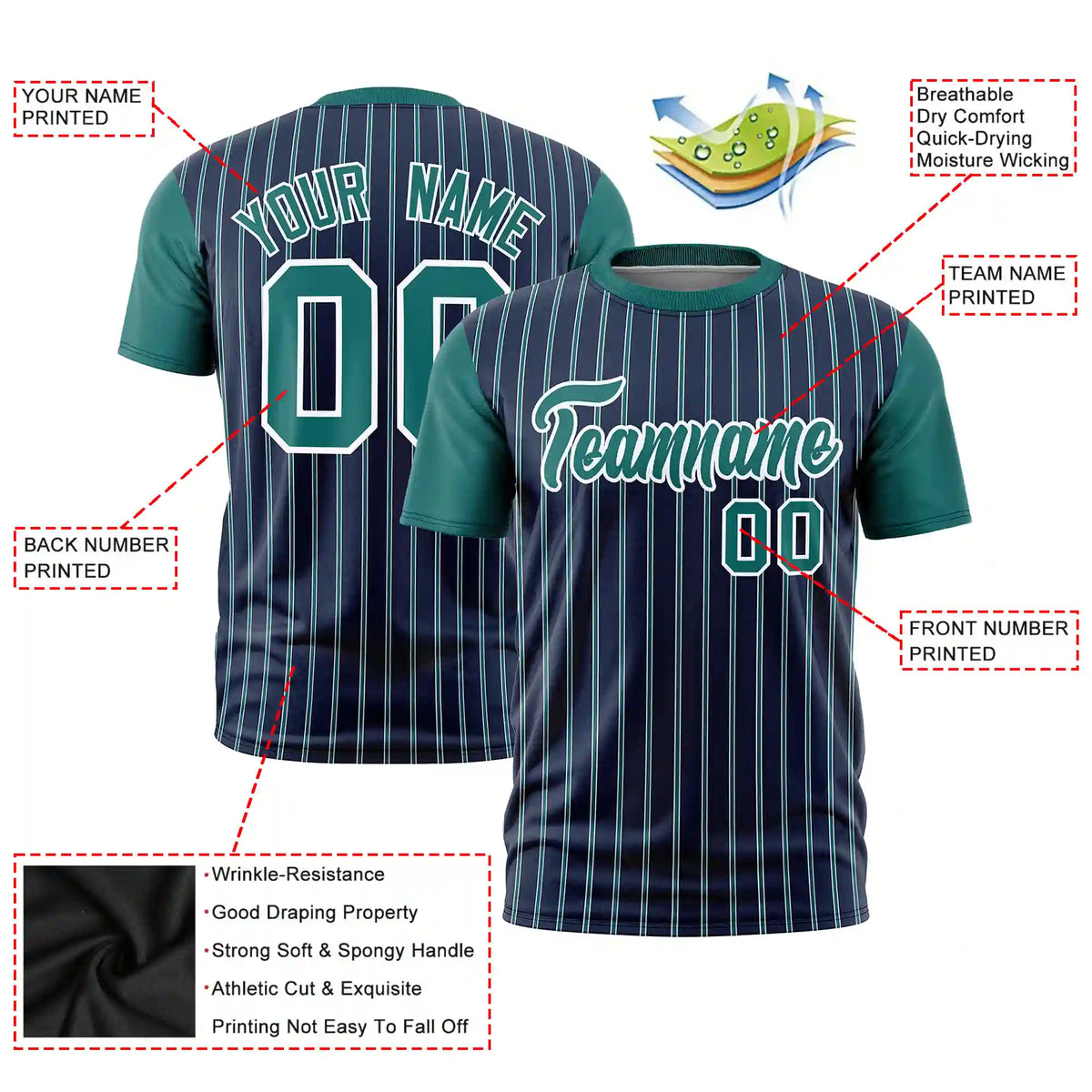 Custom Navy White-Aqua Pinstripe Pattern Design Performance T-Shirt