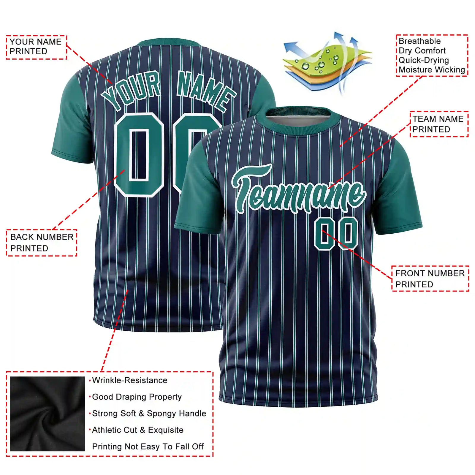 Custom Navy White-Aqua Pinstripe Pattern Design Performance T-Shirt