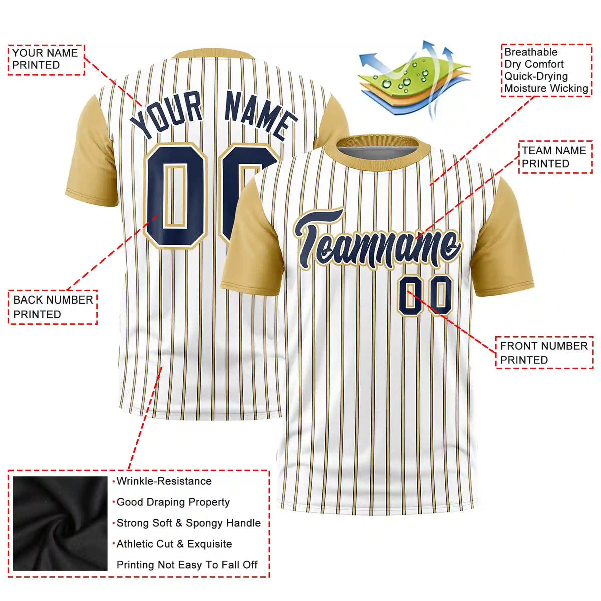 Custom White Navy-Khaki Pinstripe Pattern Design Performance T-Shirt
