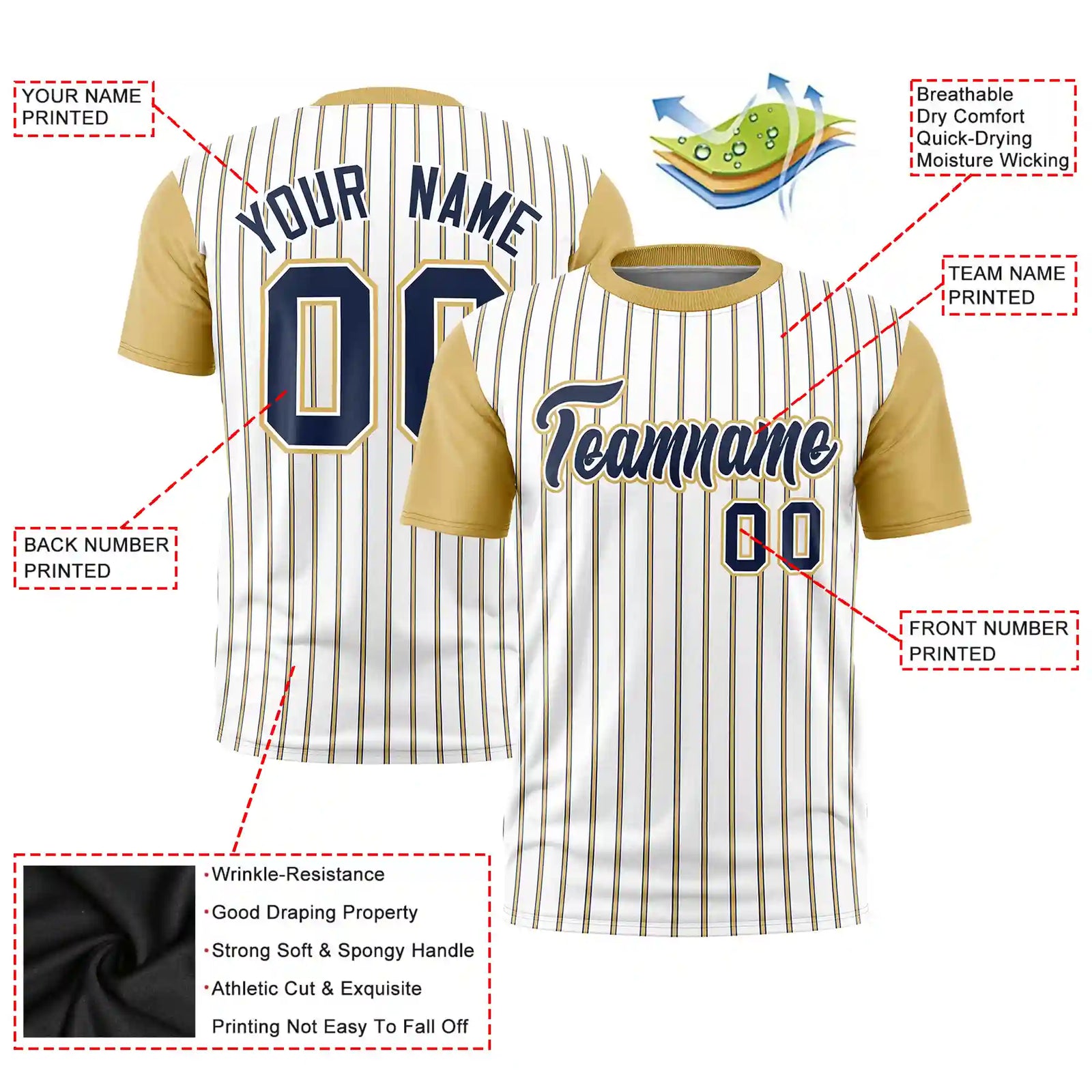 Custom White Navy-Khaki Pinstripe Pattern Design Performance T-Shirt