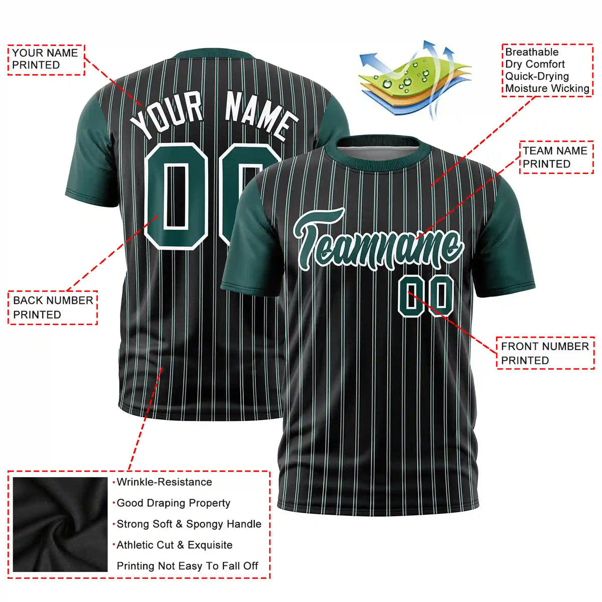 Custom Black White-Midnight Green Pinstripe Pattern Design Performance T-Shirt