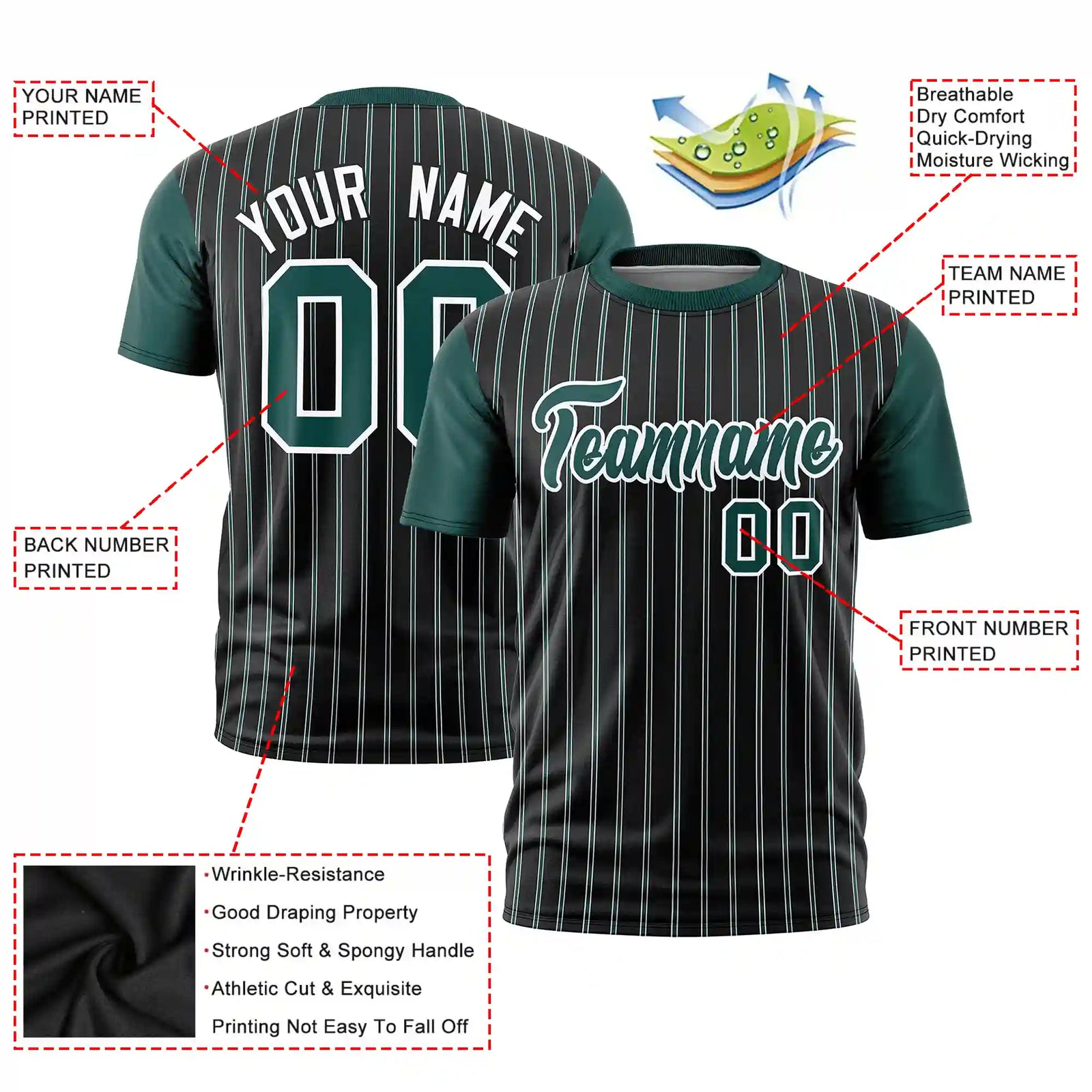 Custom Black White-Midnight Green Pinstripe Pattern Design Performance T-Shirt