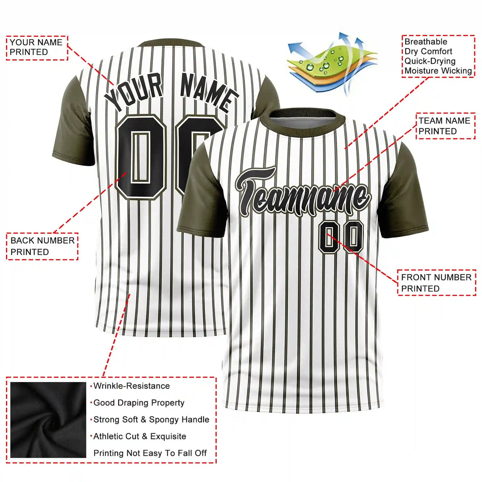 Custom White Black-Olive Pinstripe Pattern Design Performance T-Shirt