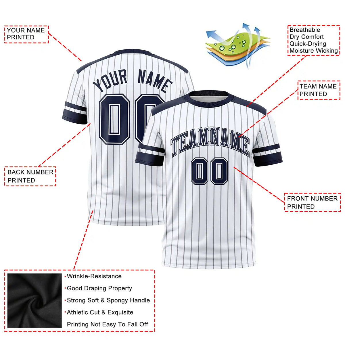 Custom White Gray-Navy Pinstripe Pattern Design Performance T-Shirt