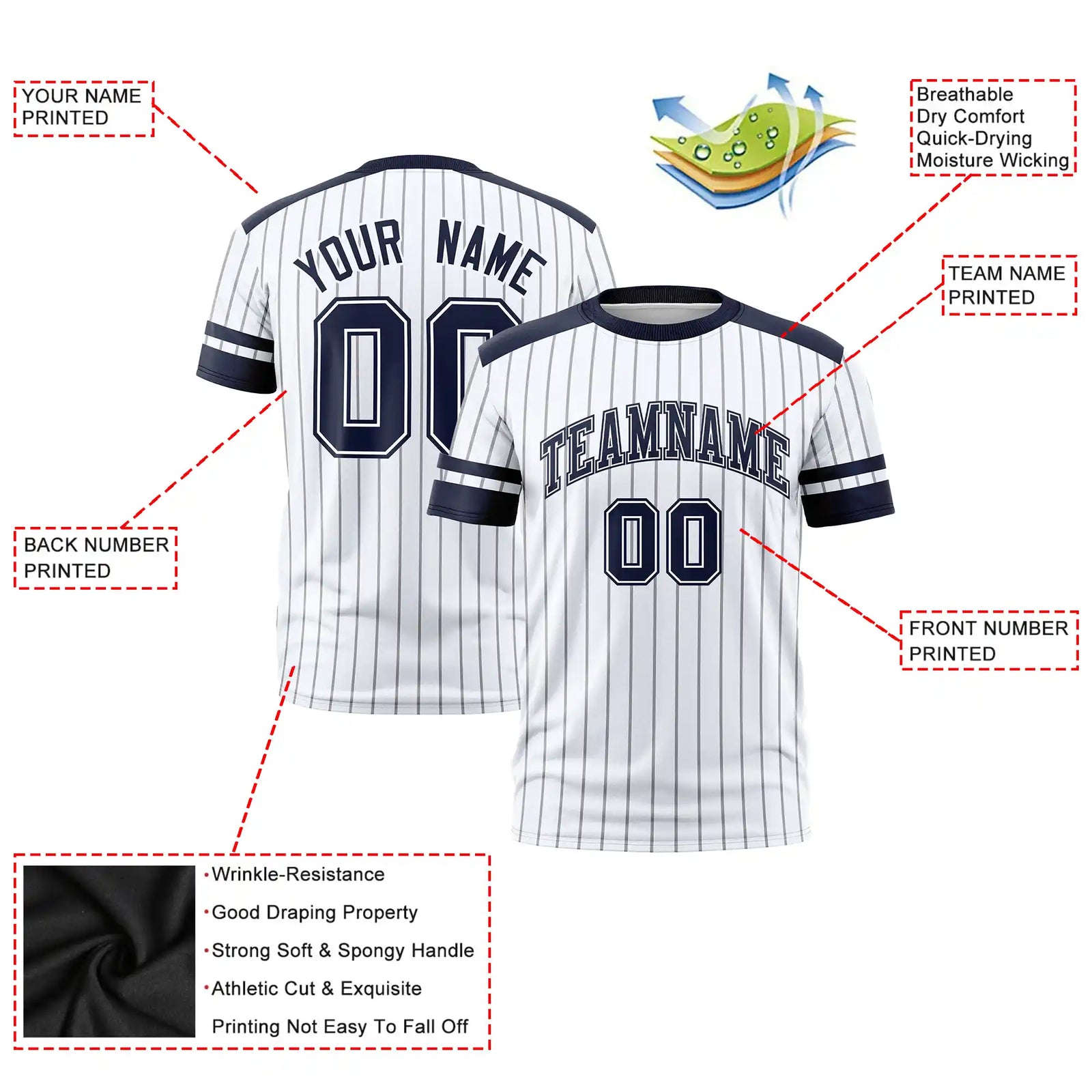 Custom White Gray-Navy Pinstripe Pattern Design Performance T-Shirt