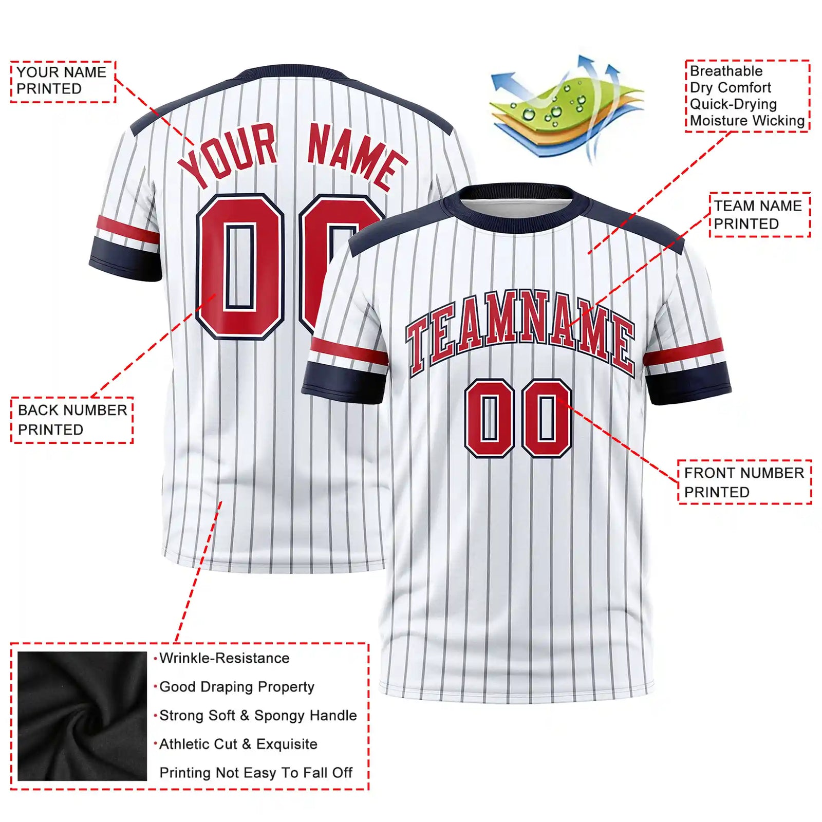 Custom White Gray-Navy Pinstripe Pattern Design Performance T-Shirt