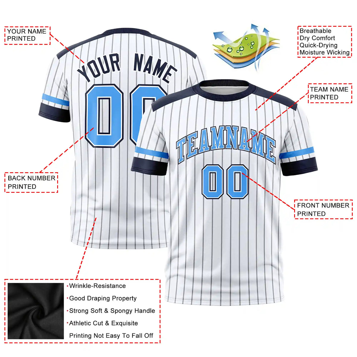 Custom White Gray-Navy Pinstripe Pattern Design Performance T-Shirt