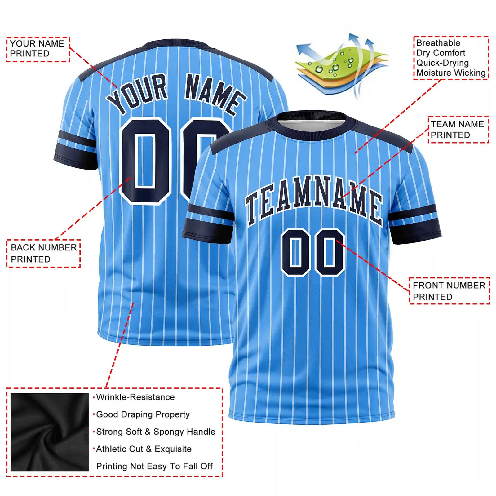 Custom Powder Blue White-Navy Pinstripe Pattern Design Performance T-Shirt