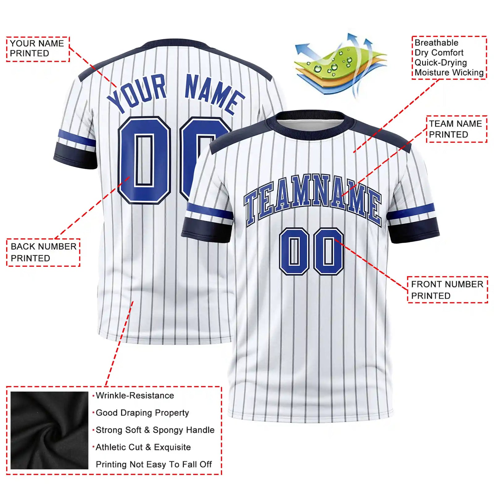 Custom White Gray-Navy Pinstripe Pattern Design Performance T-Shirt