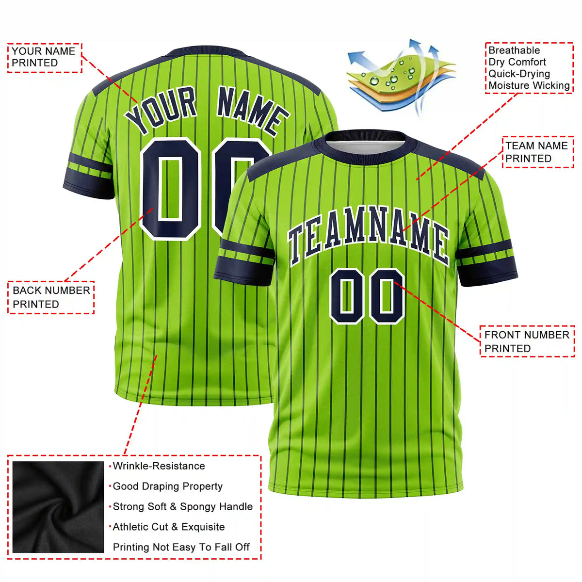 Custom Neon Green Navy Pinstripe Pattern Design Performance T-Shirt