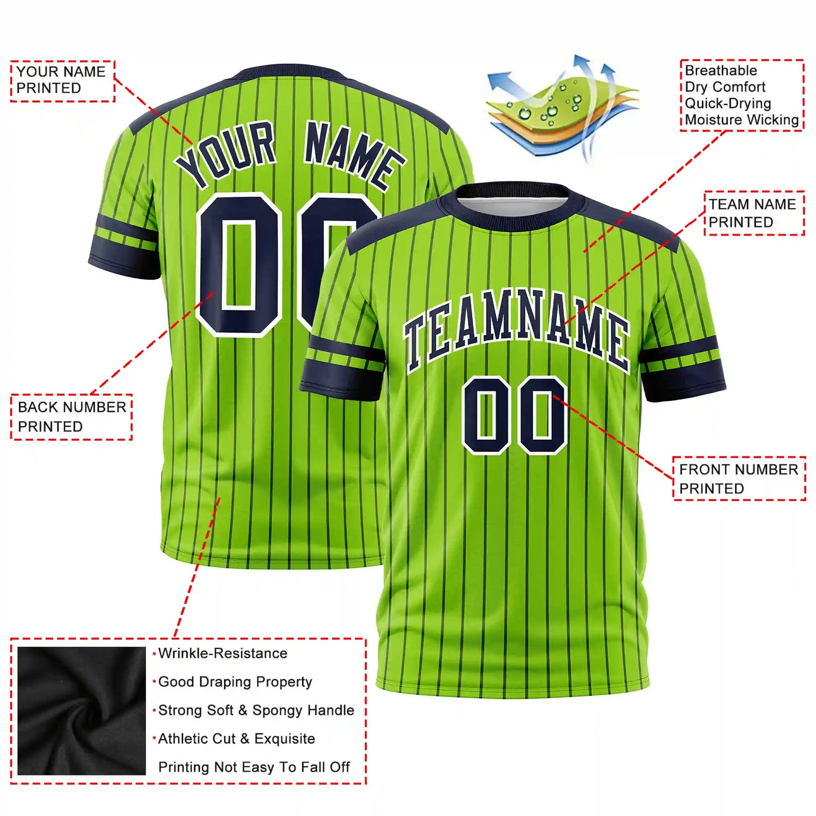 Custom Neon Green Navy Pinstripe Pattern Design Performance T-Shirt