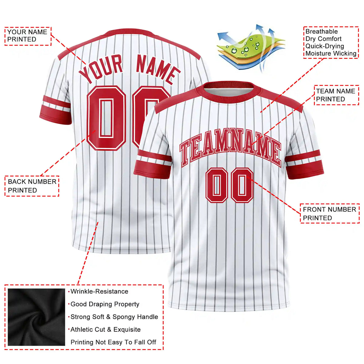 Custom White Gray-Red Pinstripe Pattern Design Performance T-Shirt
