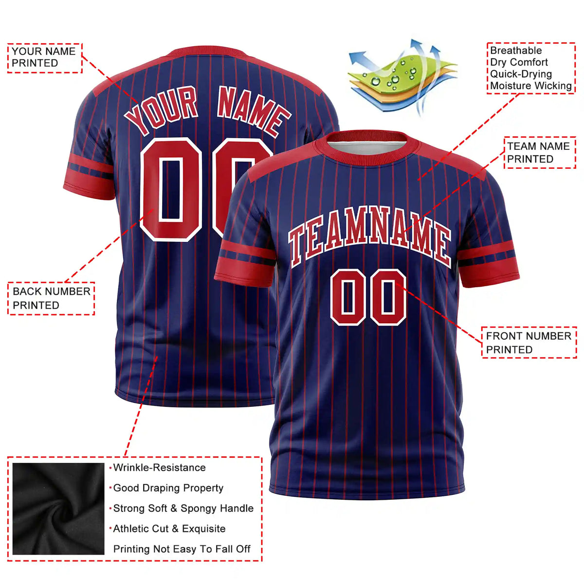 Custom Royal Blue Red-Red Pinstripe Pattern Design Performance T-Shirt