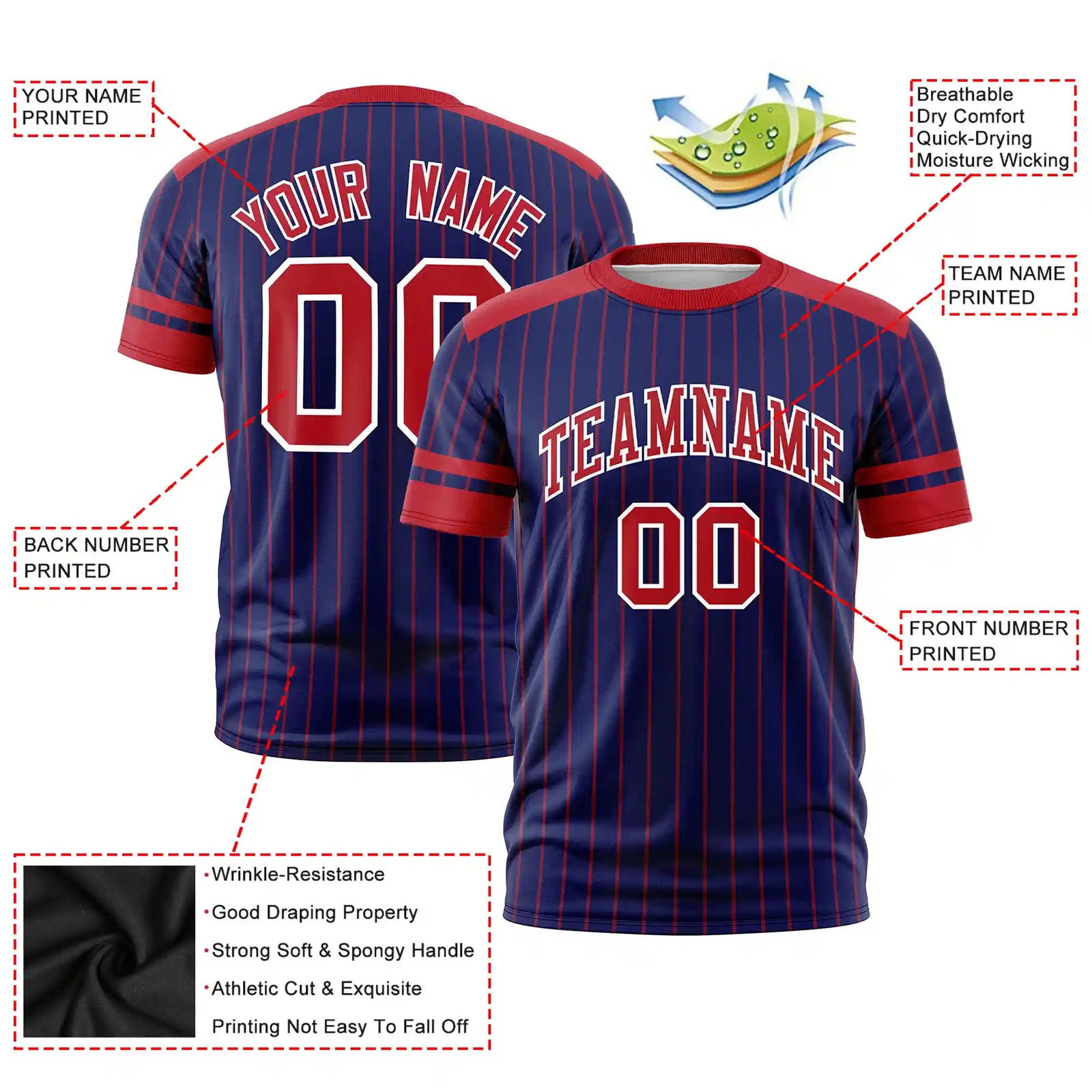 Custom Royal Blue Red-Red Pinstripe Pattern Design Performance T-Shirt