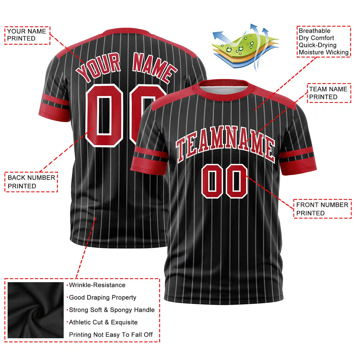 Custom Black Gray-Red Pinstripe Pattern Design Performance T-Shirt