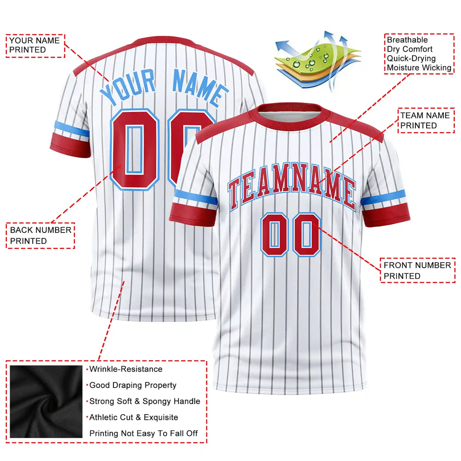 Custom White Gray-Red Pinstripe Pattern Design Performance T-Shirt