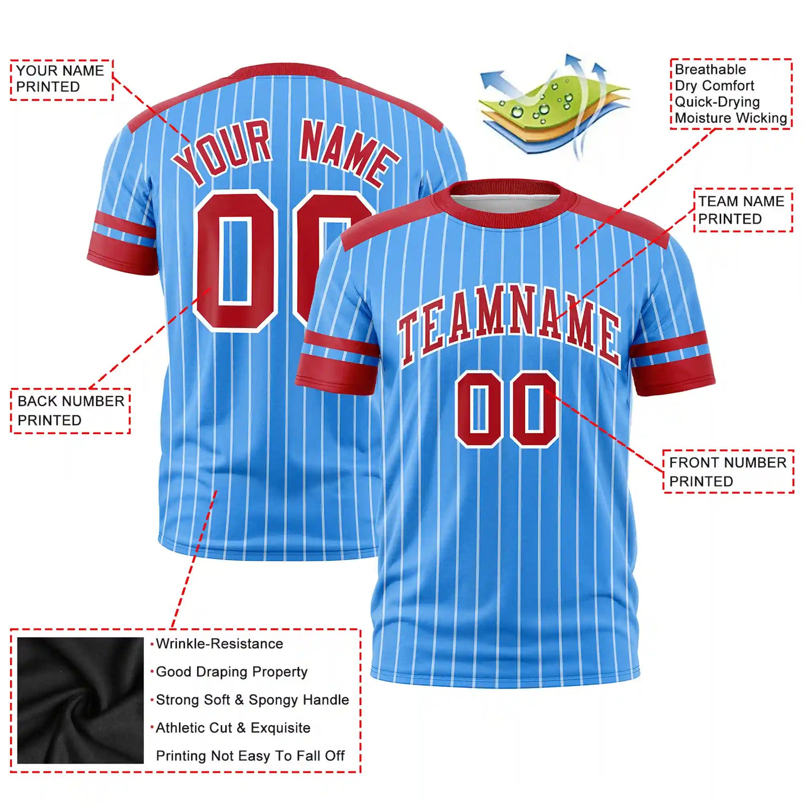 Custom Powder Blue White-Red Pinstripe Pattern Design Performance T-Shirt