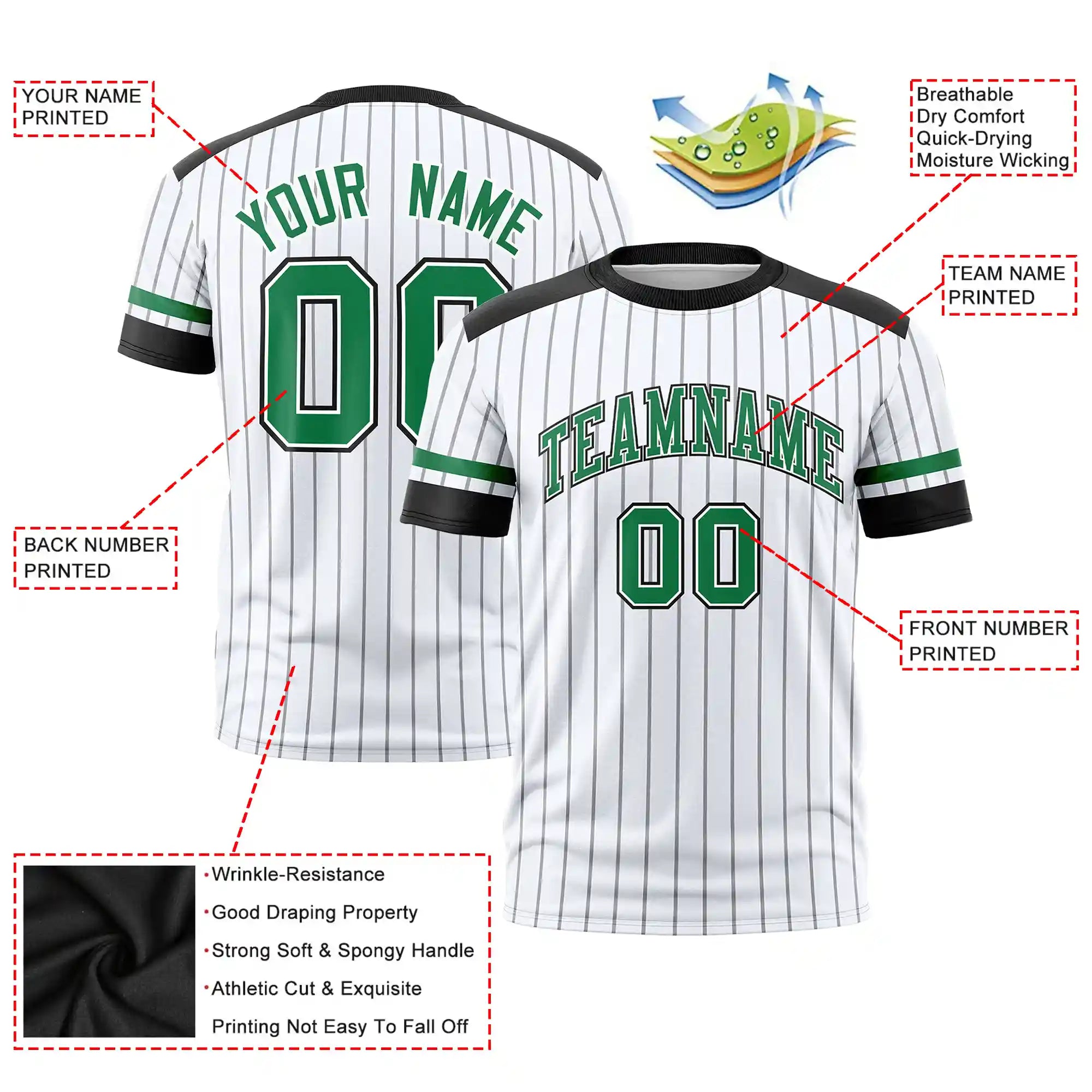 Custom White Black-Kelly Green Pinstripe Pattern Design Performance T-Shirt