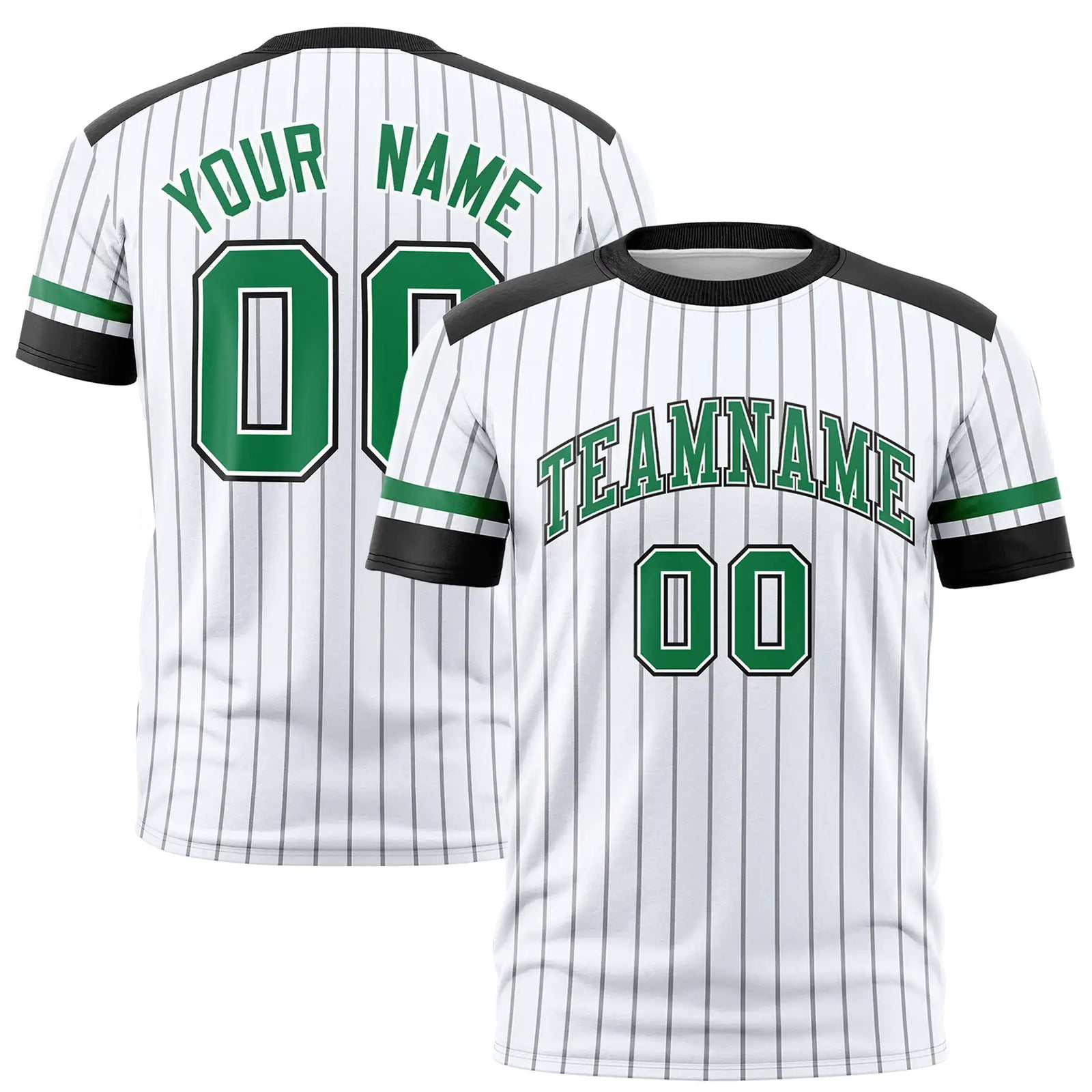 Custom White Black-Kelly Green Pinstripe Pattern Design Performance T-Shirt