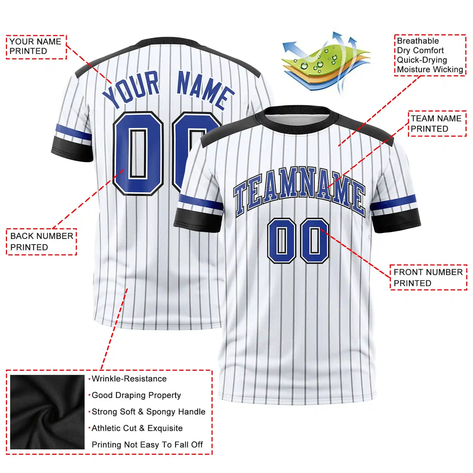 Custom White Black-Royal Blue Pinstripe Pattern Design Performance T-Shirt