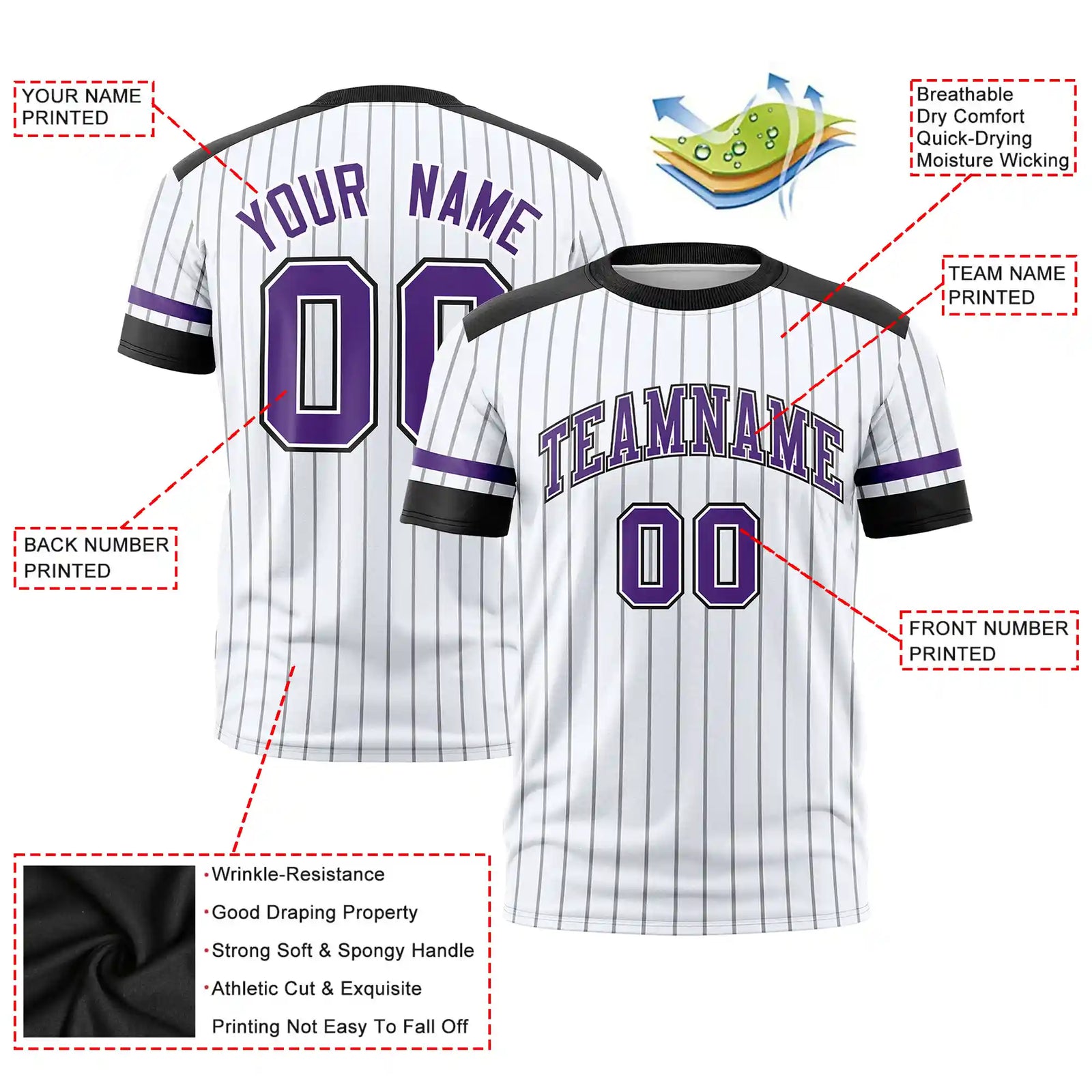 Custom White Black-Purple Pinstripe Pattern Design Performance T-Shirt