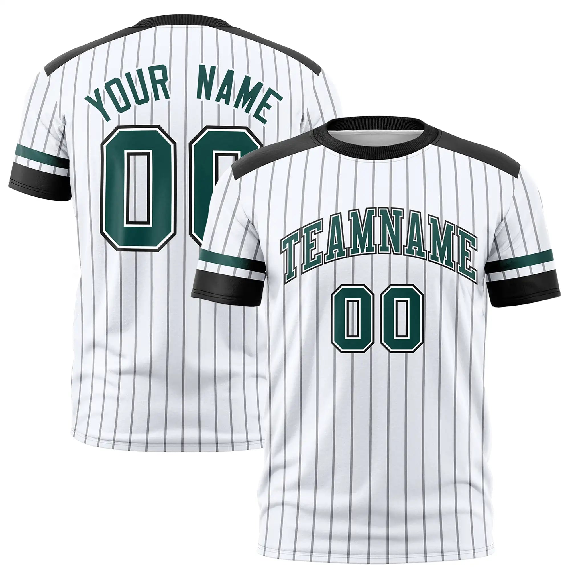 Custom White Black-Midnight Green Pinstripe Pattern Design Performance T-Shirt