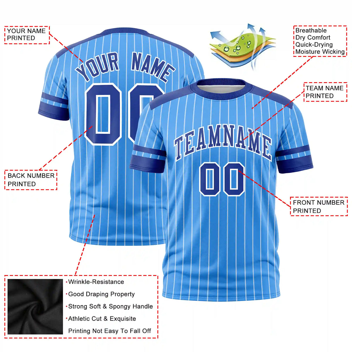 Custom Powder Blue White-Royal Blue Pinstripe Pattern Design Performance T-Shirt