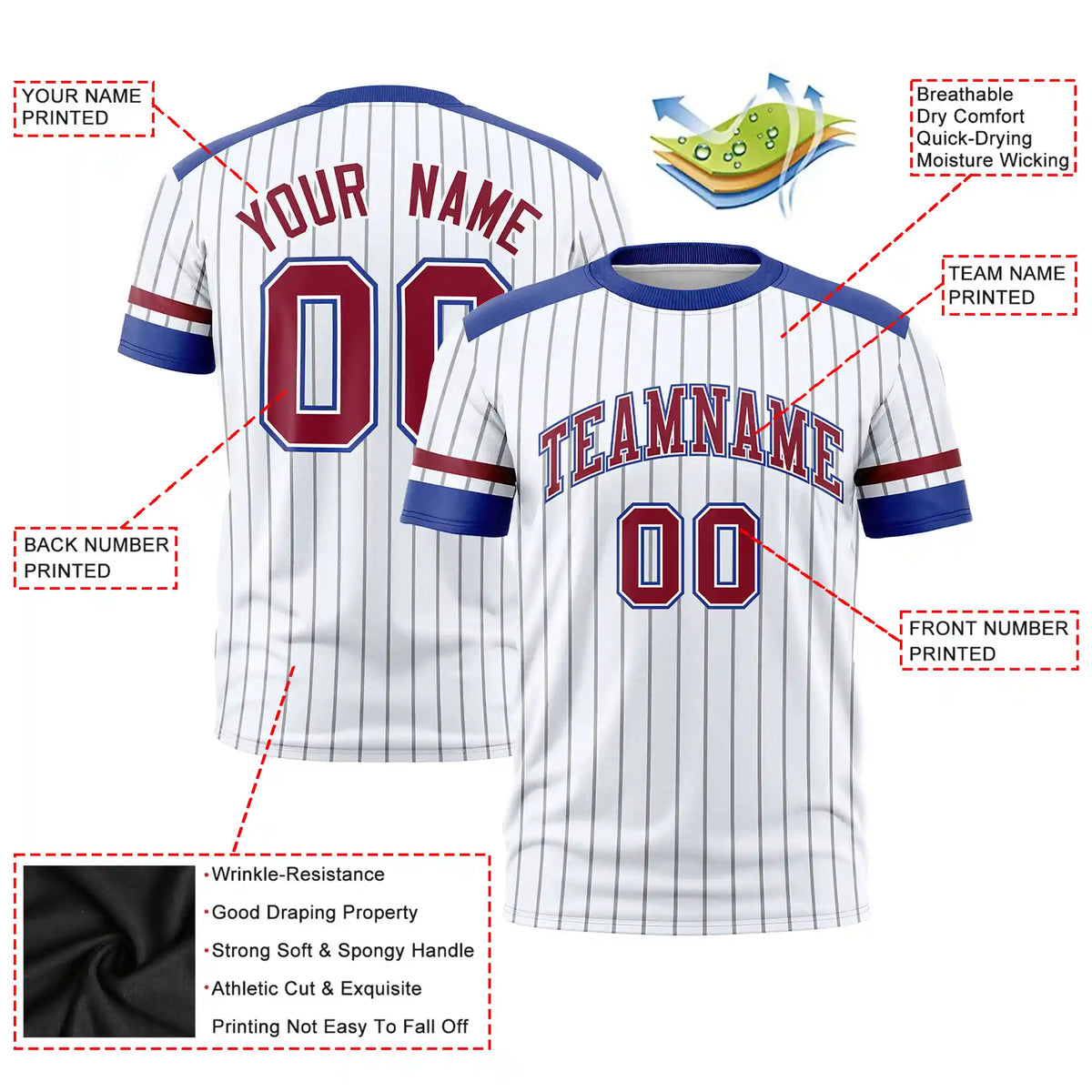 Custom White Black-Crimson Pinstripe Pattern Design Performance T-Shirt