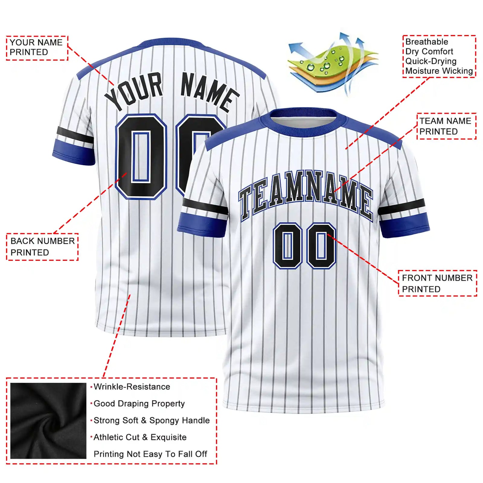 Custom White Black-Royal Blue Pinstripe Pattern Design Performance T-Shirt