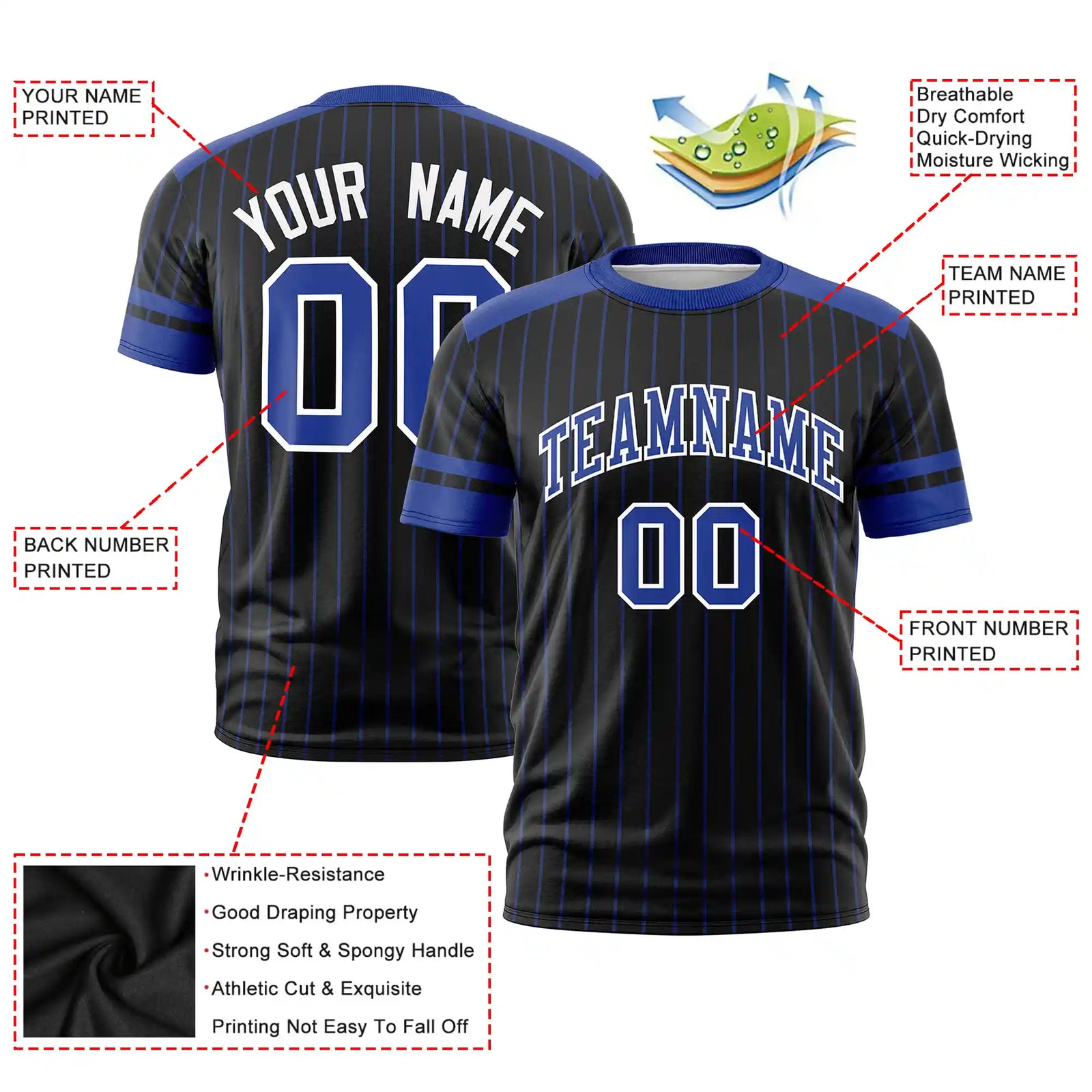 Custom Black Royal Blue-White Pinstripe Pattern Design Performance T-Shirt