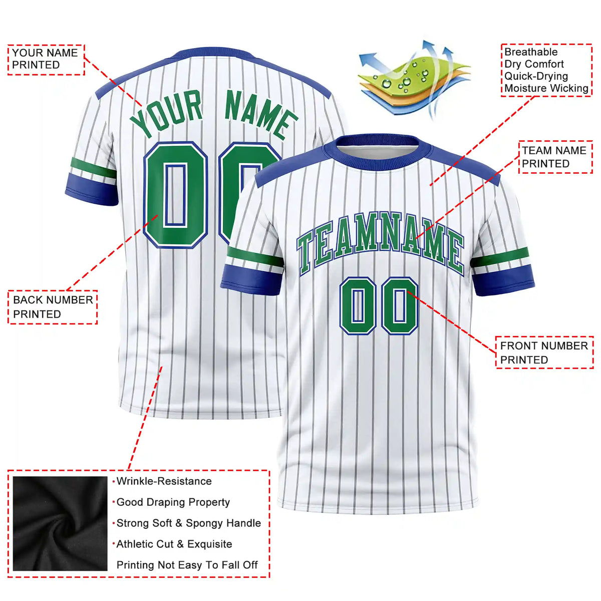 Custom White Black-Kelly Green Pinstripe Pattern Design Performance T-Shirt