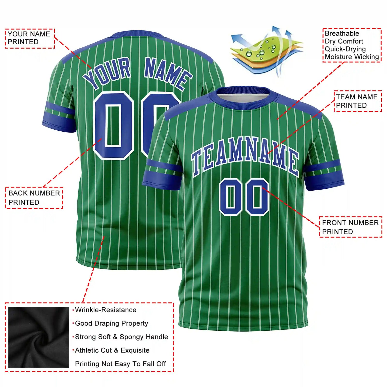 Custom Kelly Green White-Royal Blue Pinstripe Pattern Design Performance T-Shirt