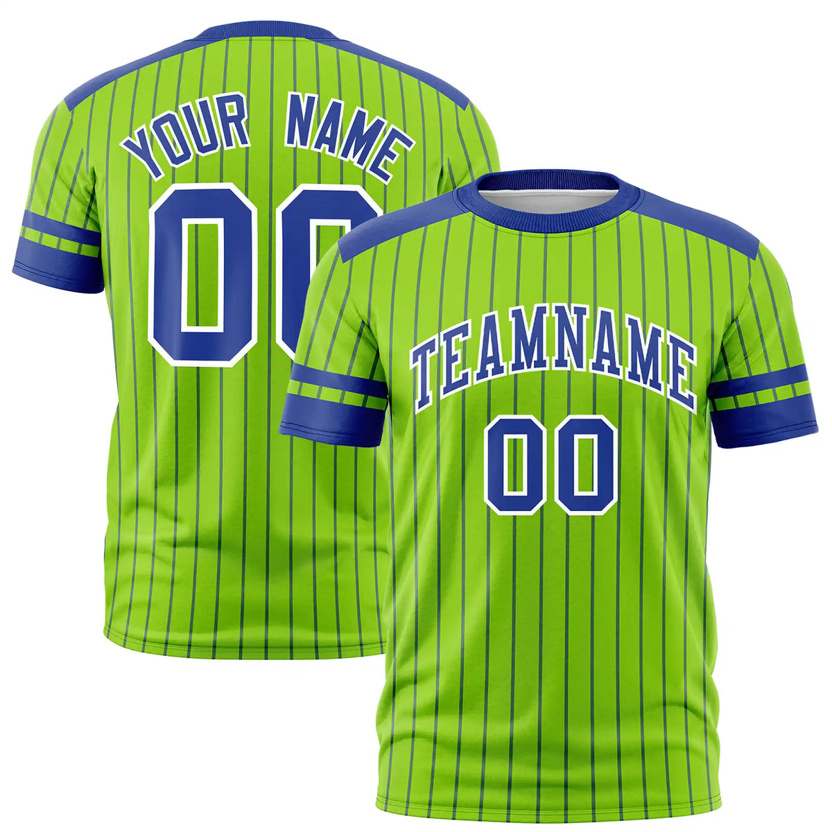 Custom Neon Green Royal Blue-White Pinstripe Pattern Design Performance T-Shirt