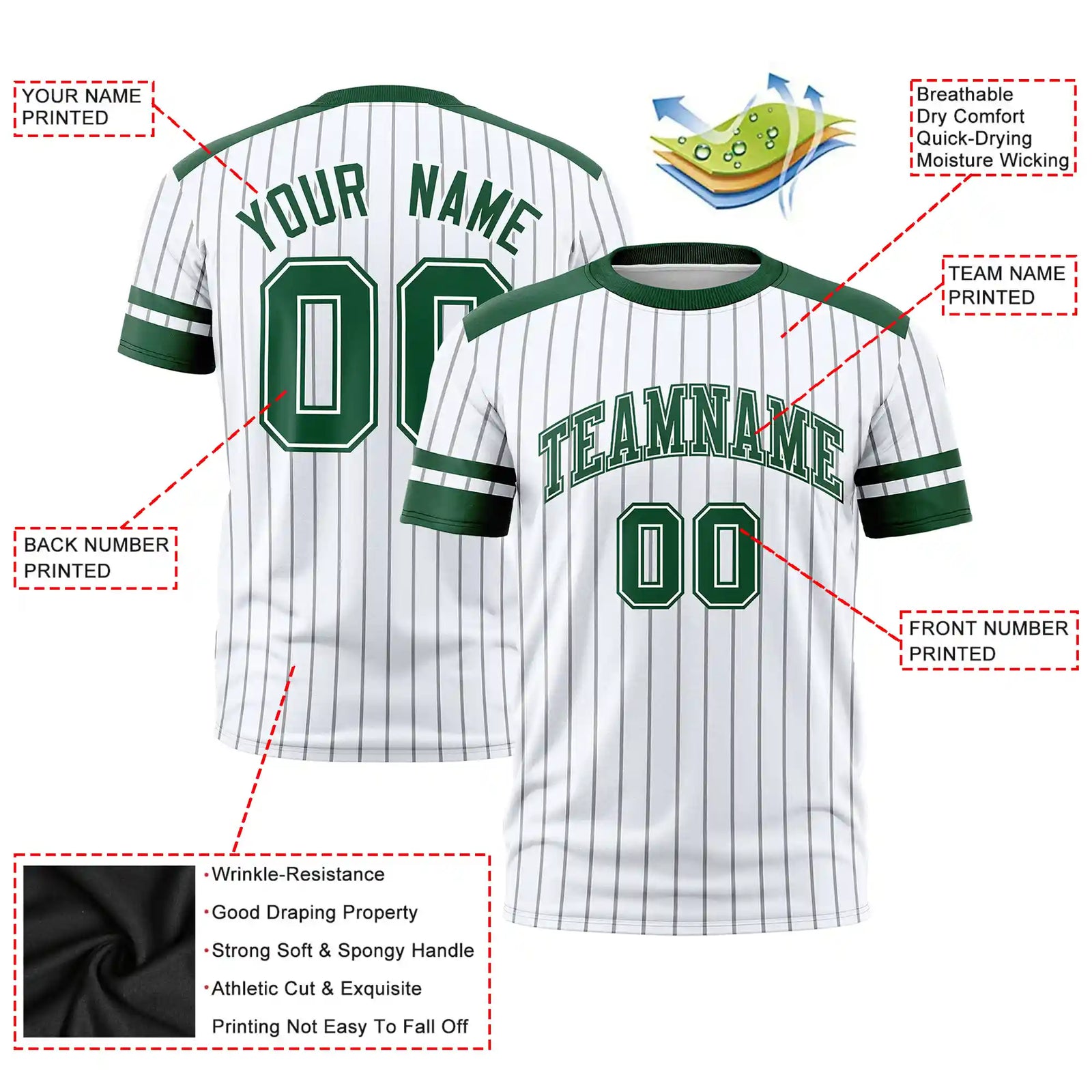 Custom White Black-Green Pinstripe Pattern Design Performance T-Shirt