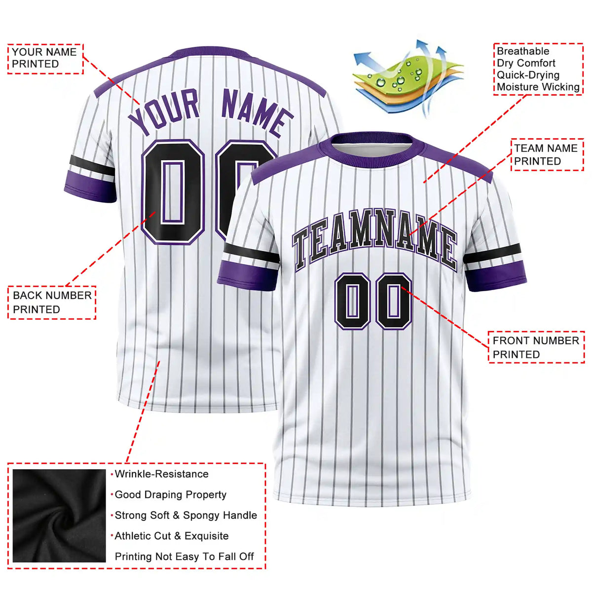 Custom White Black-Purple Pinstripe Pattern Design Performance T-Shirt