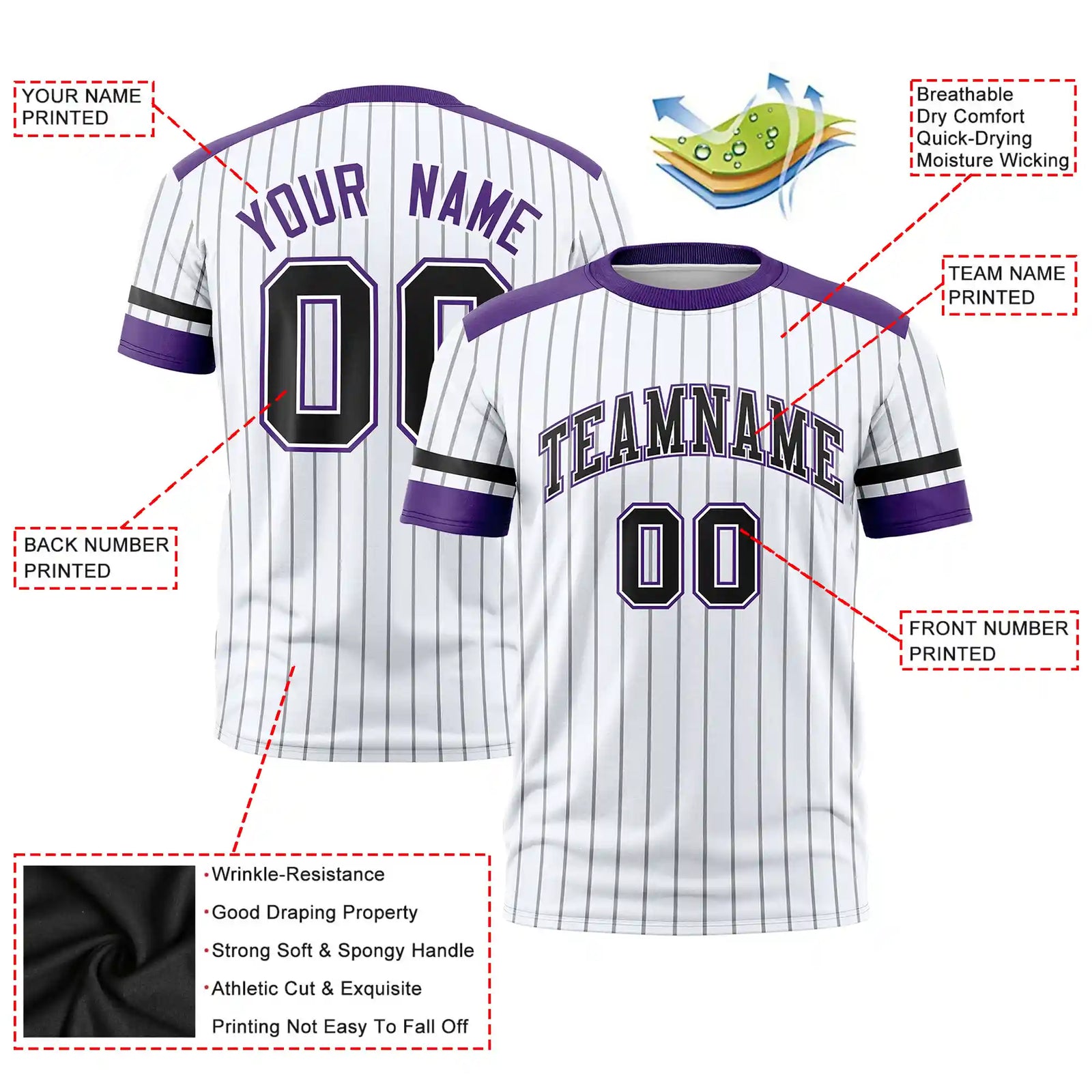 Custom White Black-Purple Pinstripe Pattern Design Performance T-Shirt