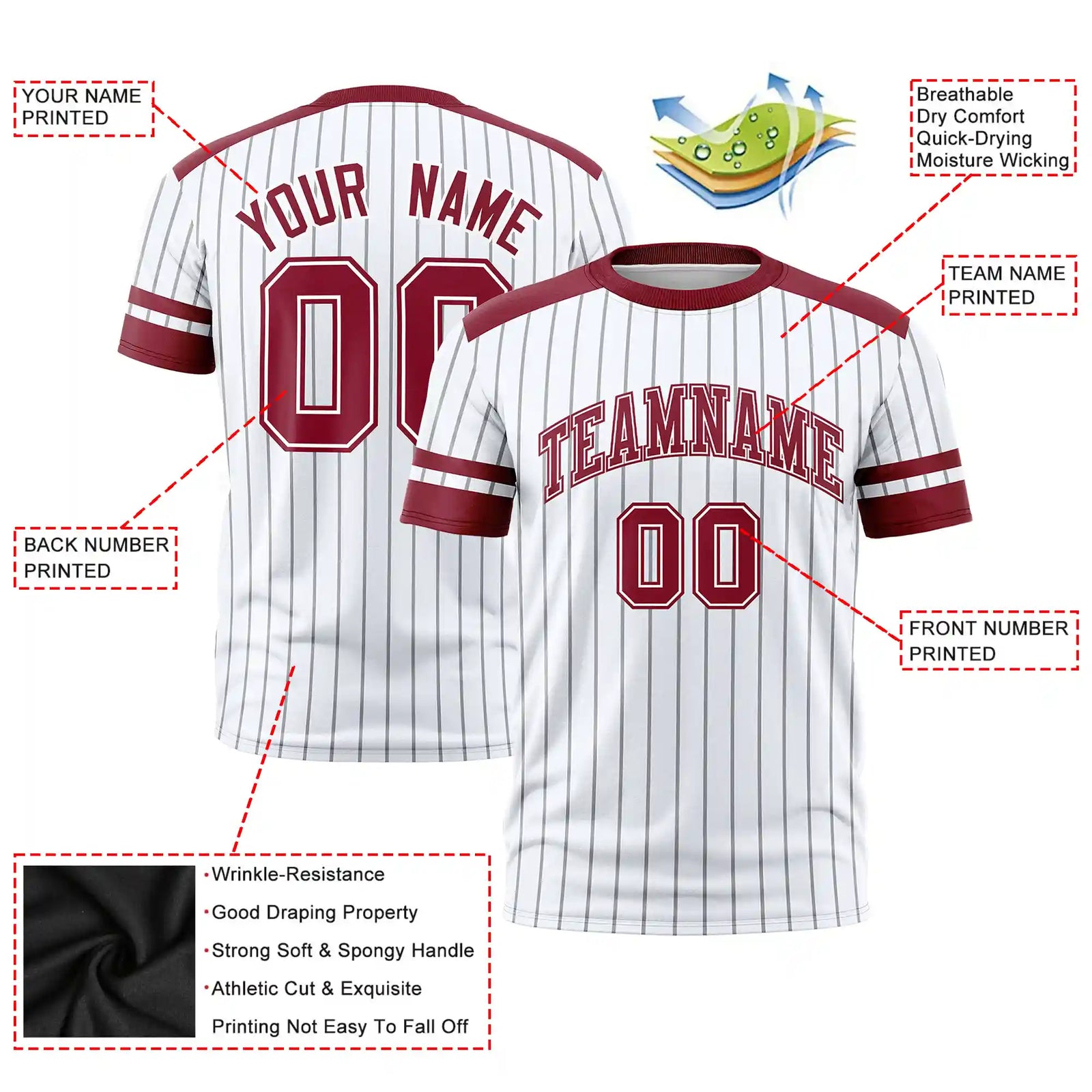 Custom White Black-Crimson Pinstripe Pattern Design Performance T-Shirt