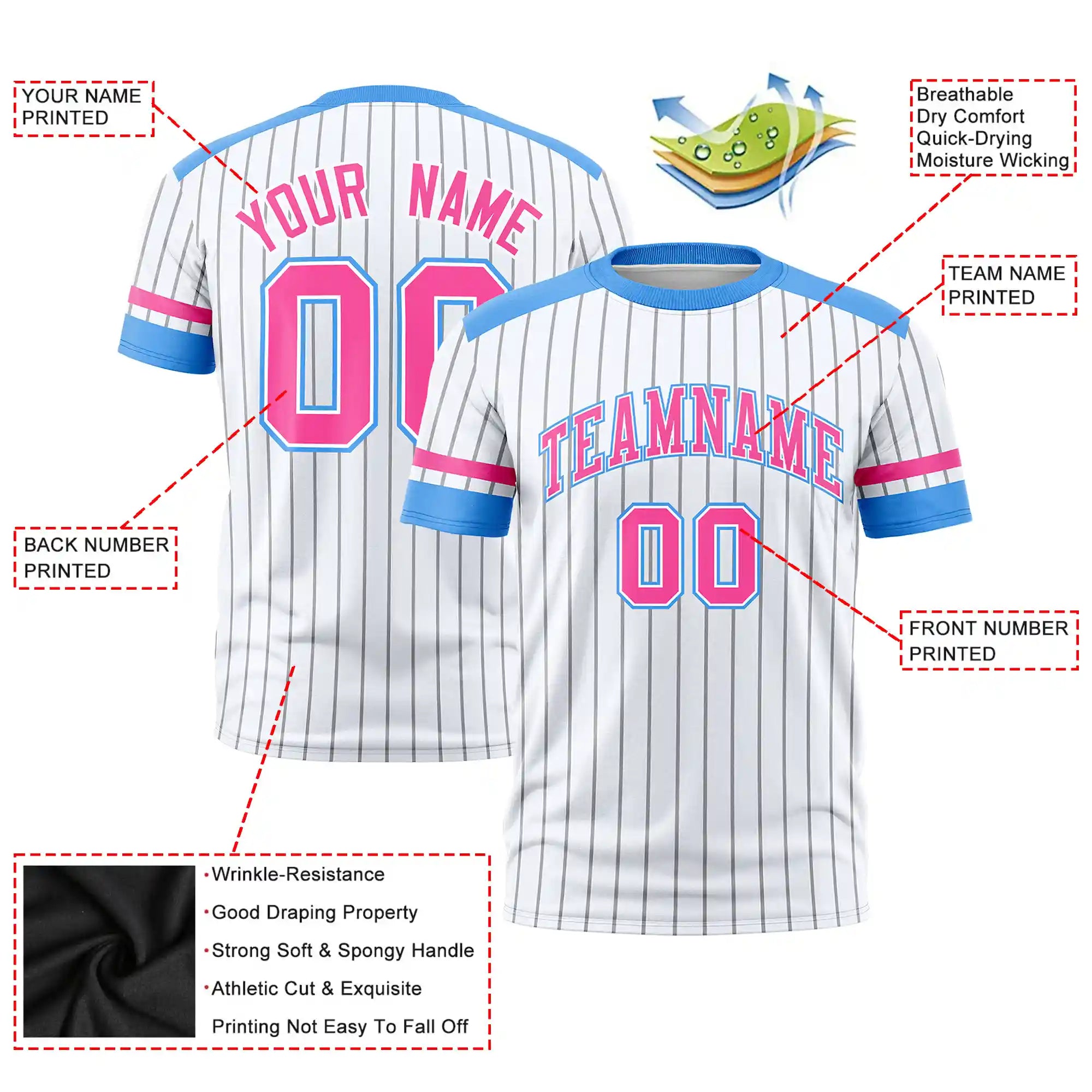 Custom White Gray-Powder Blue Pinstripe Pattern Design Performance T-Shirt