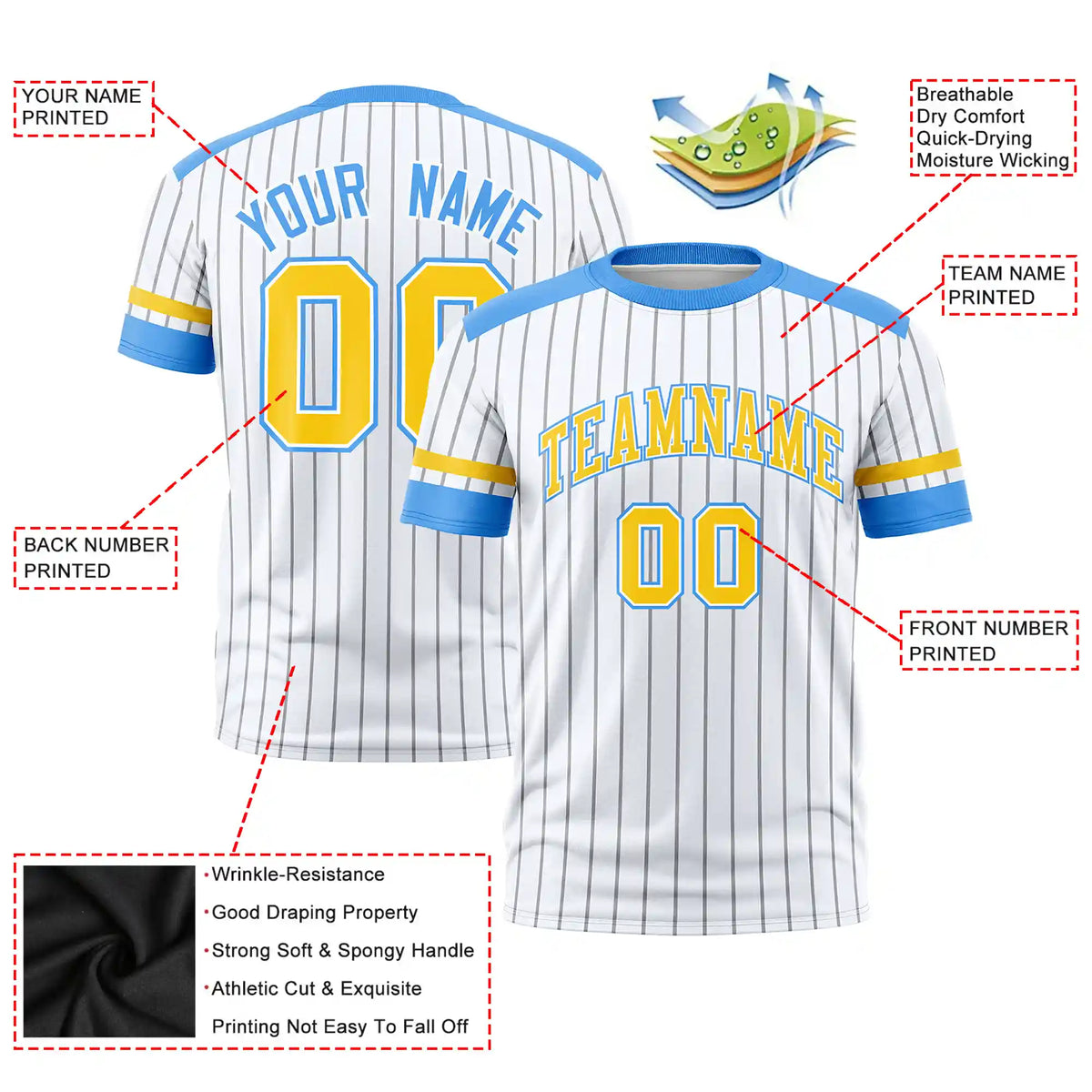 Custom White Gray-Powder Blue Pinstripe Pattern Design Performance T-Shirt