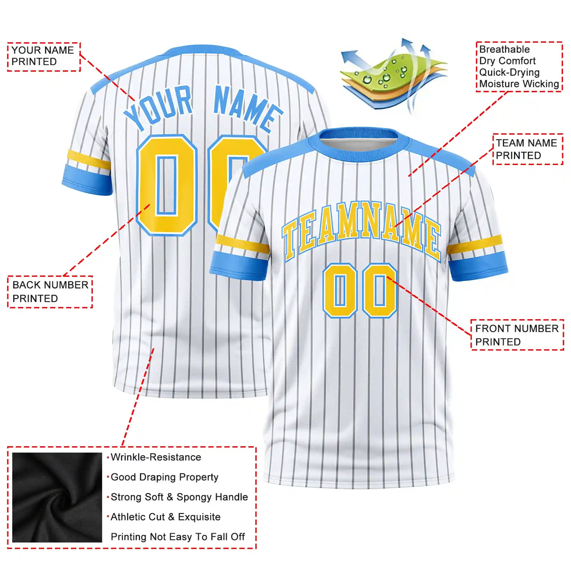 Custom White Gray-Powder Blue Pinstripe Pattern Design Performance T-Shirt