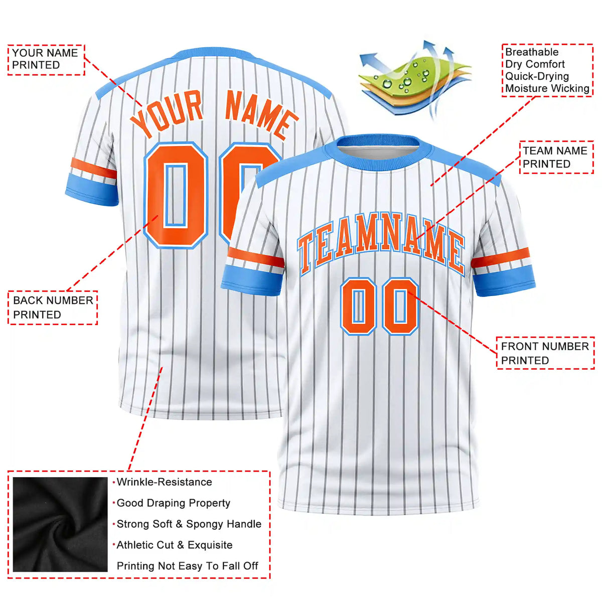 Custom White Gray-Powder Blue Pinstripe Pattern Design Performance T-Shirt