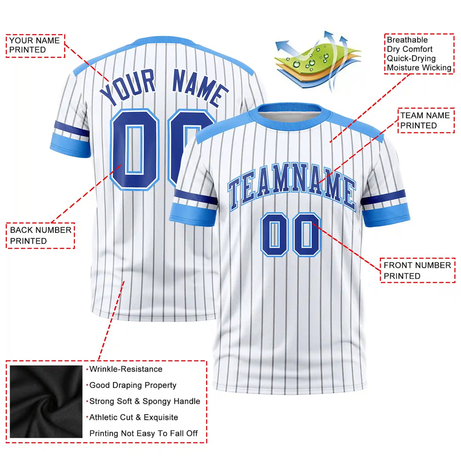 Custom White Gray-Powder Blue Pinstripe Pattern Design Performance T-Shirt