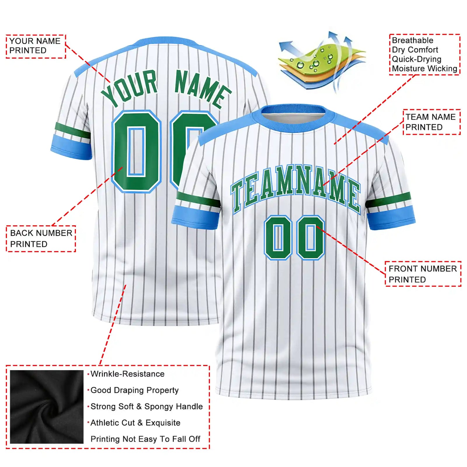 Custom White Gray-Powder Blue Pinstripe Pattern Design Performance T-Shirt