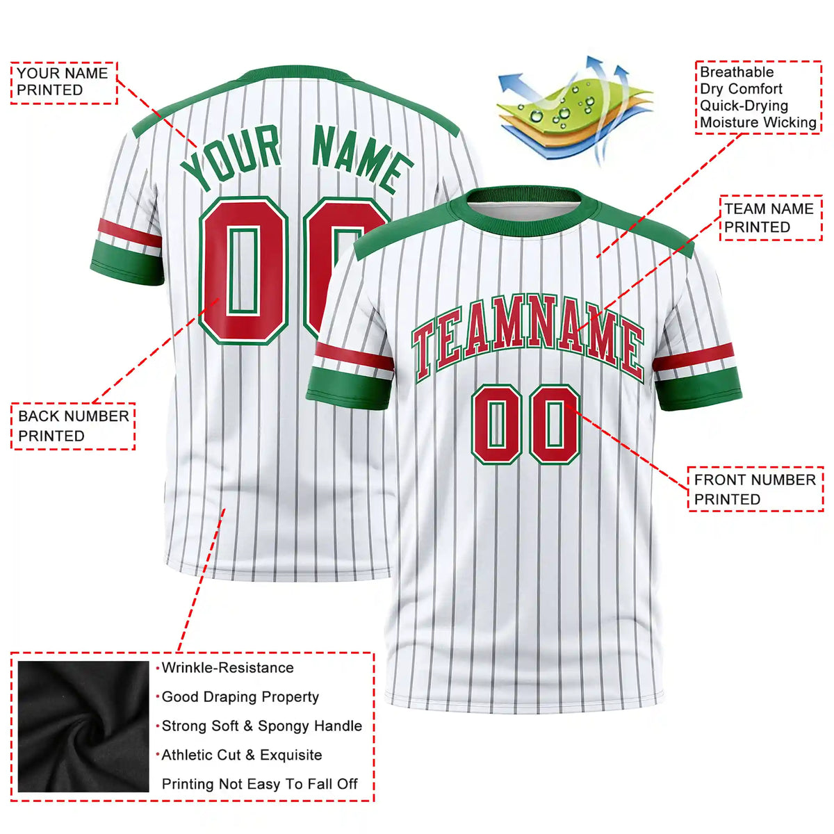 Custom White Gray-Kelly Green Pinstripe Pattern Design Performance T-Shirt