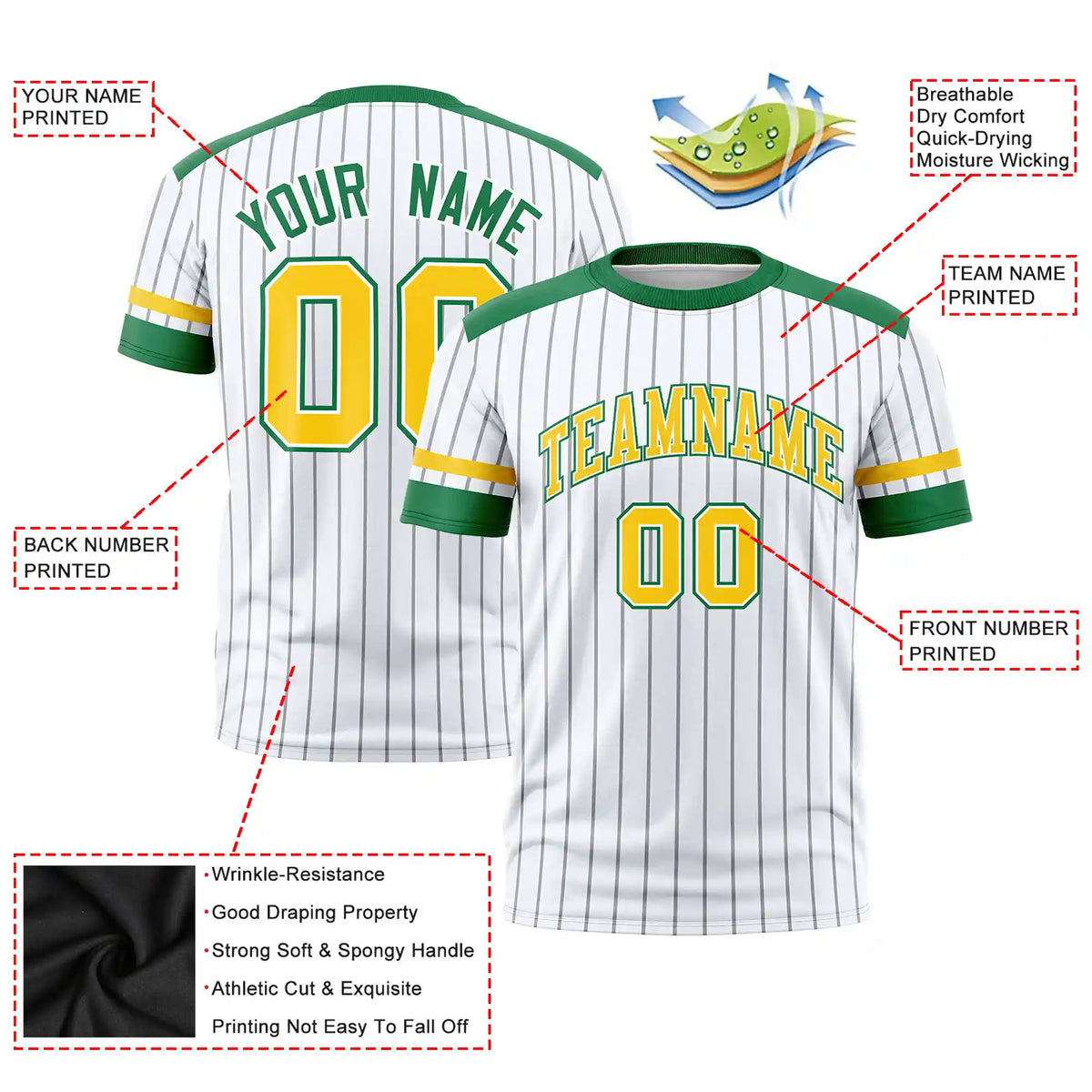 Custom White Gray-Kelly Green Pinstripe Pattern Design Performance T-Shirt