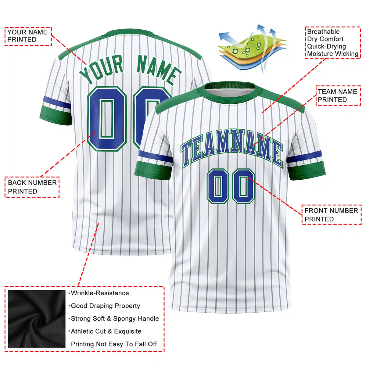 Custom White Gray-Kelly Green Pinstripe Pattern Design Performance T-Shirt