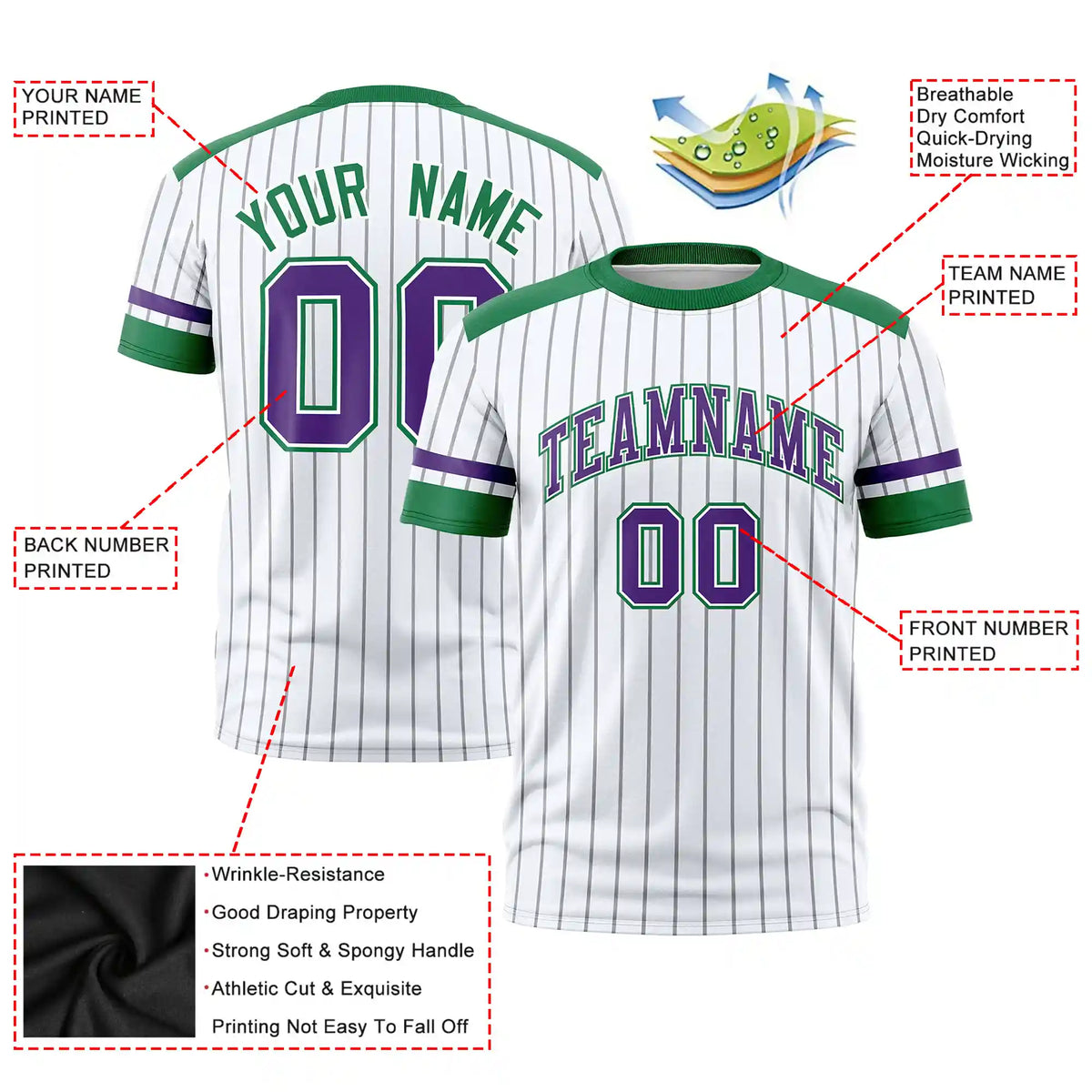 Custom White Gray-Kelly Green Pinstripe Pattern Design Performance T-Shirt