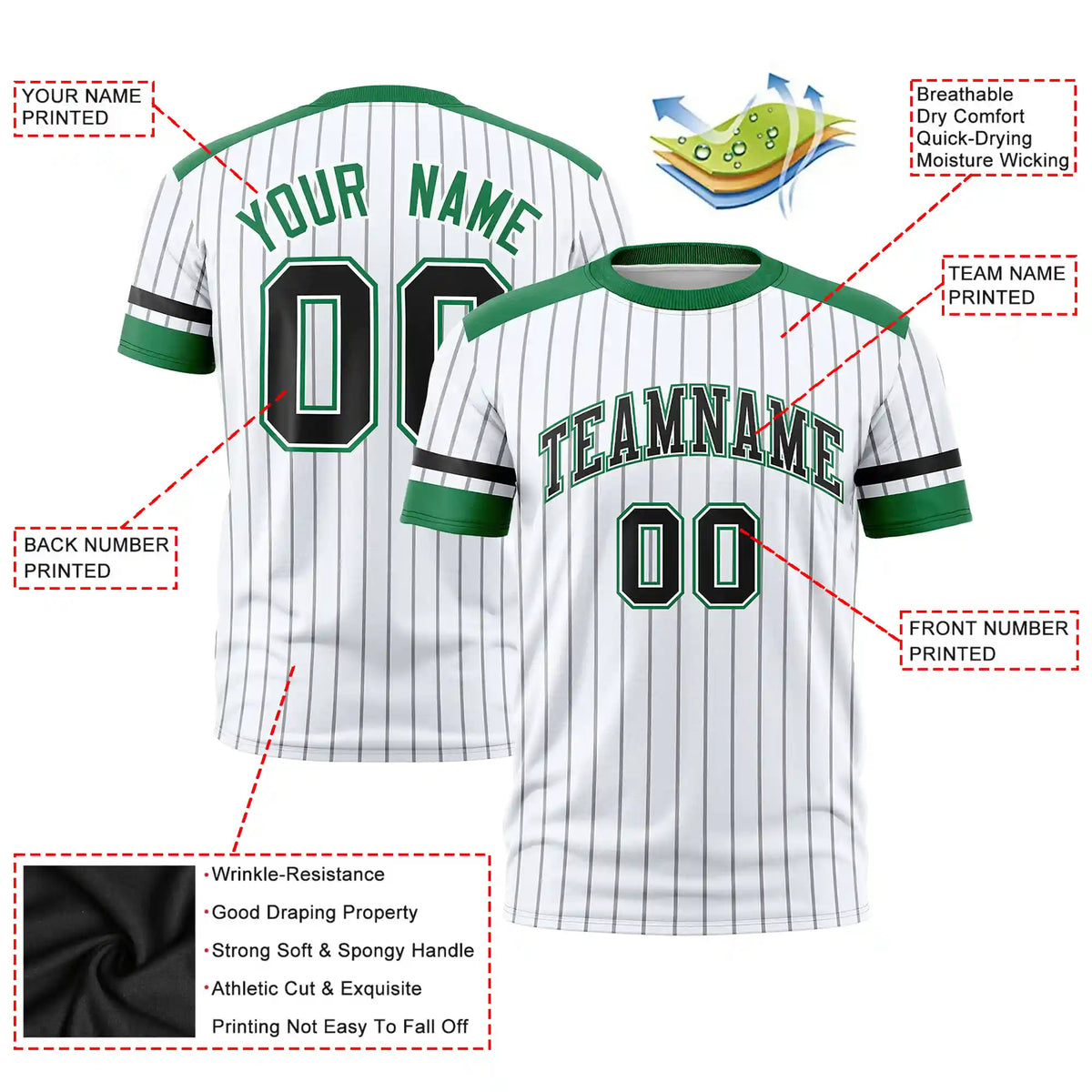 Custom White Gray-Kelly Green Pinstripe Pattern Design Performance T-Shirt