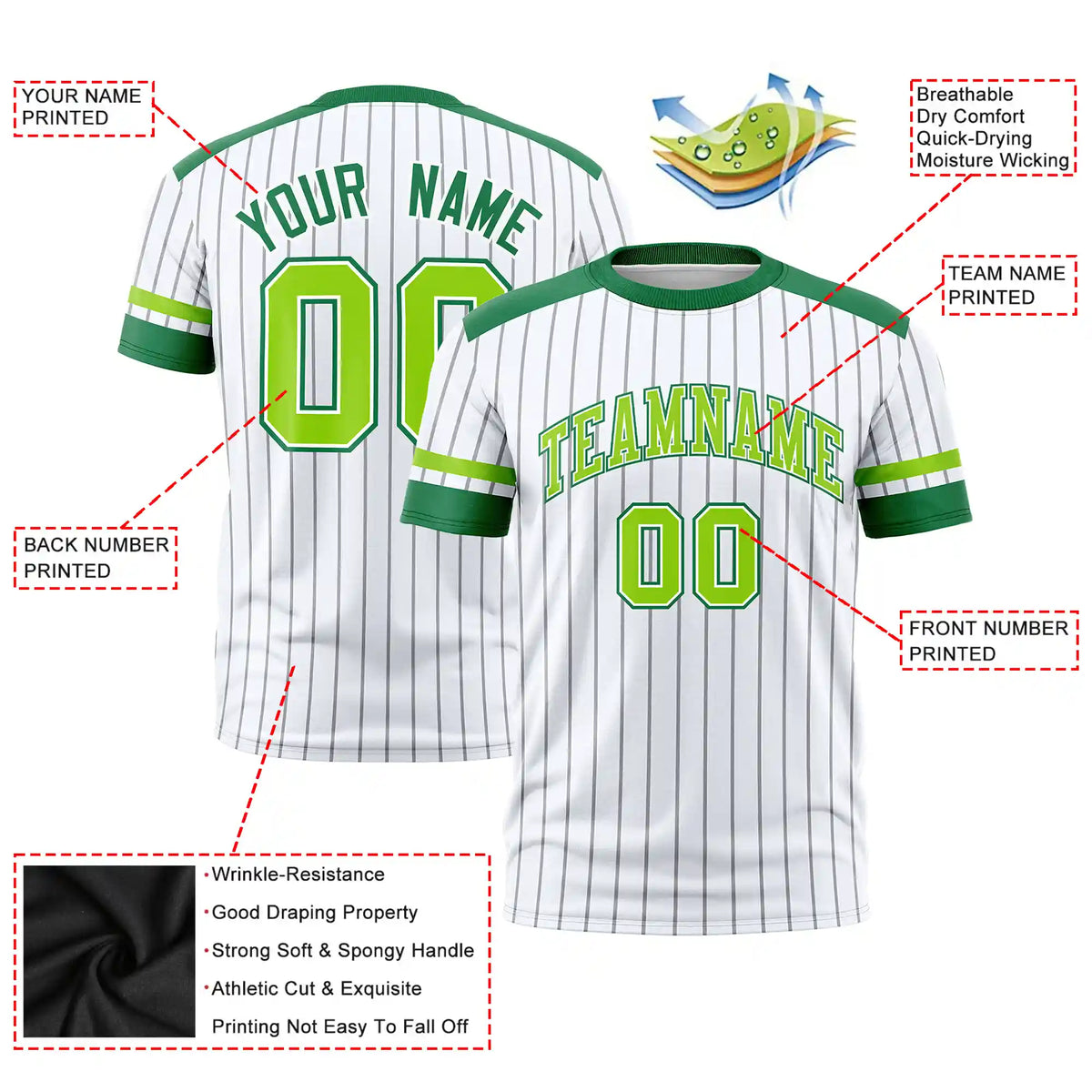 Custom White Gray-Kelly Green Pinstripe Pattern Design Performance T-Shirt