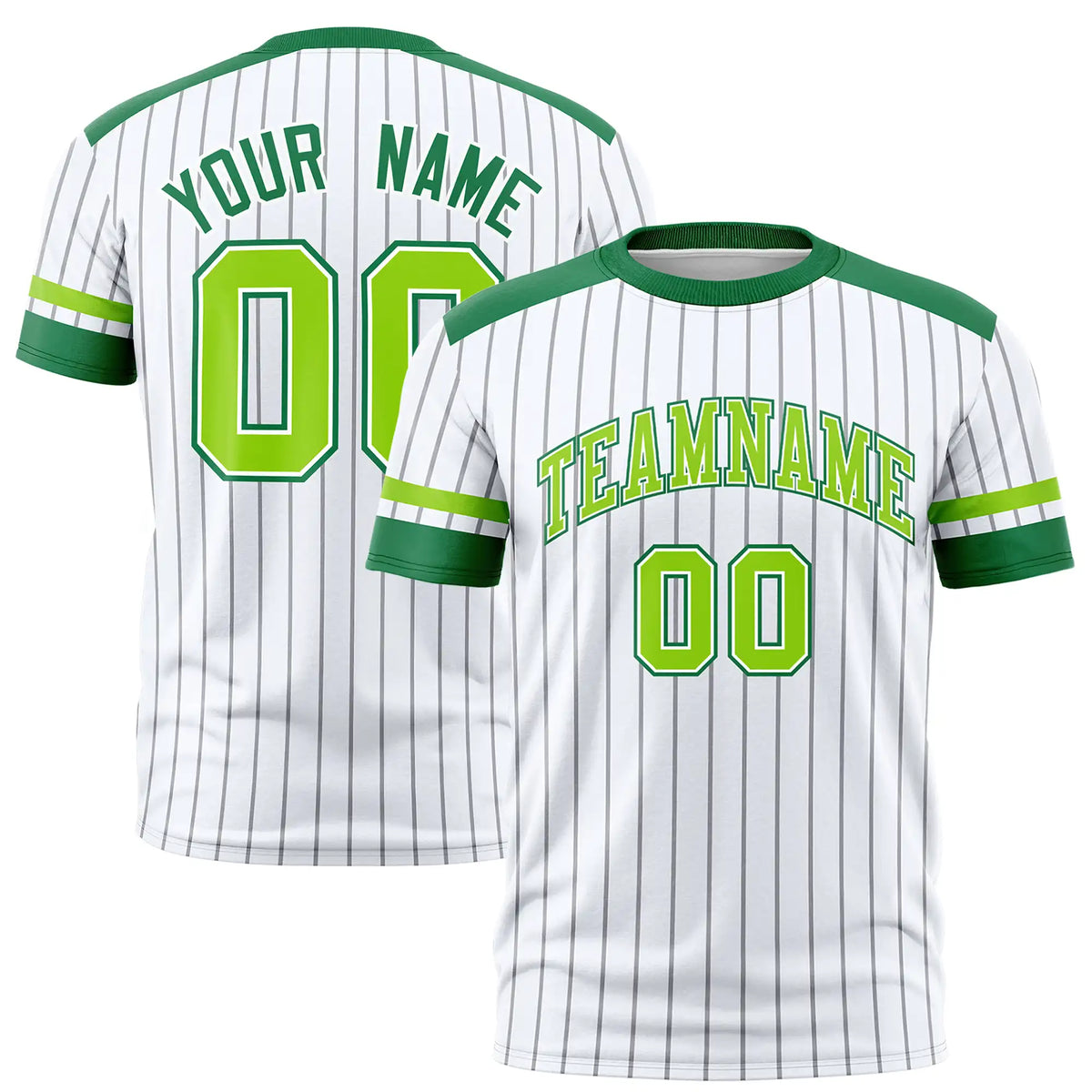 Custom White Gray-Kelly Green Pinstripe Pattern Design Performance T-Shirt